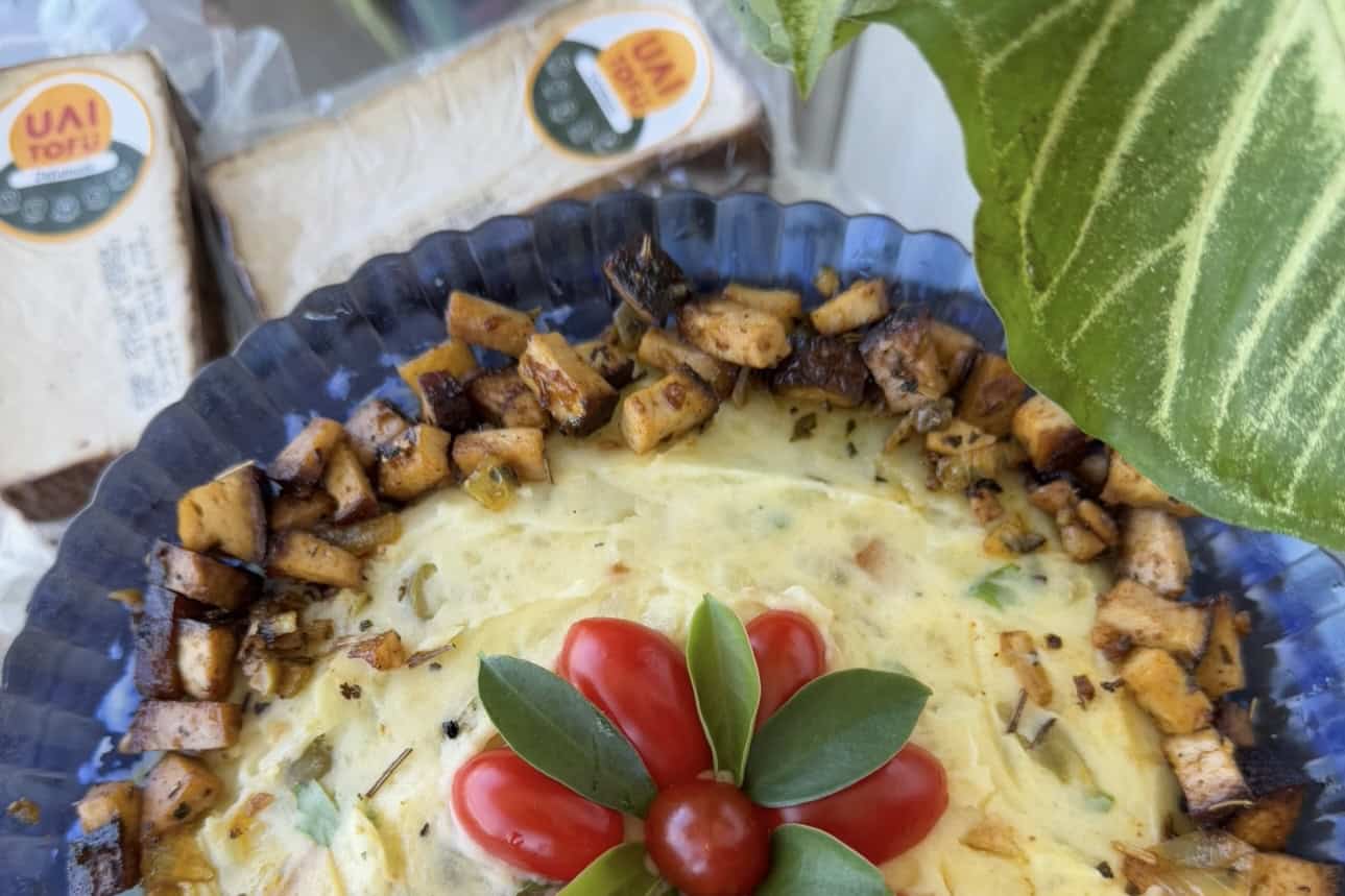 UAI Tofu, tofu artesanal com molho especial, cercado por ingredientes naturais frescos.